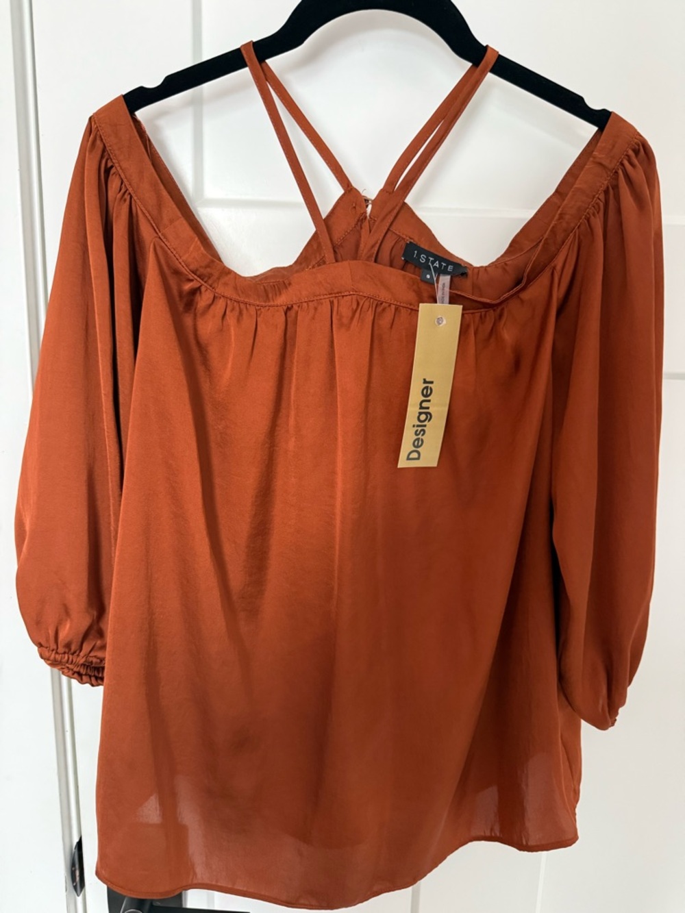 1. State Burnt Orange Off-Shoulder Blouse with Strappy Back NWOT. Size S.